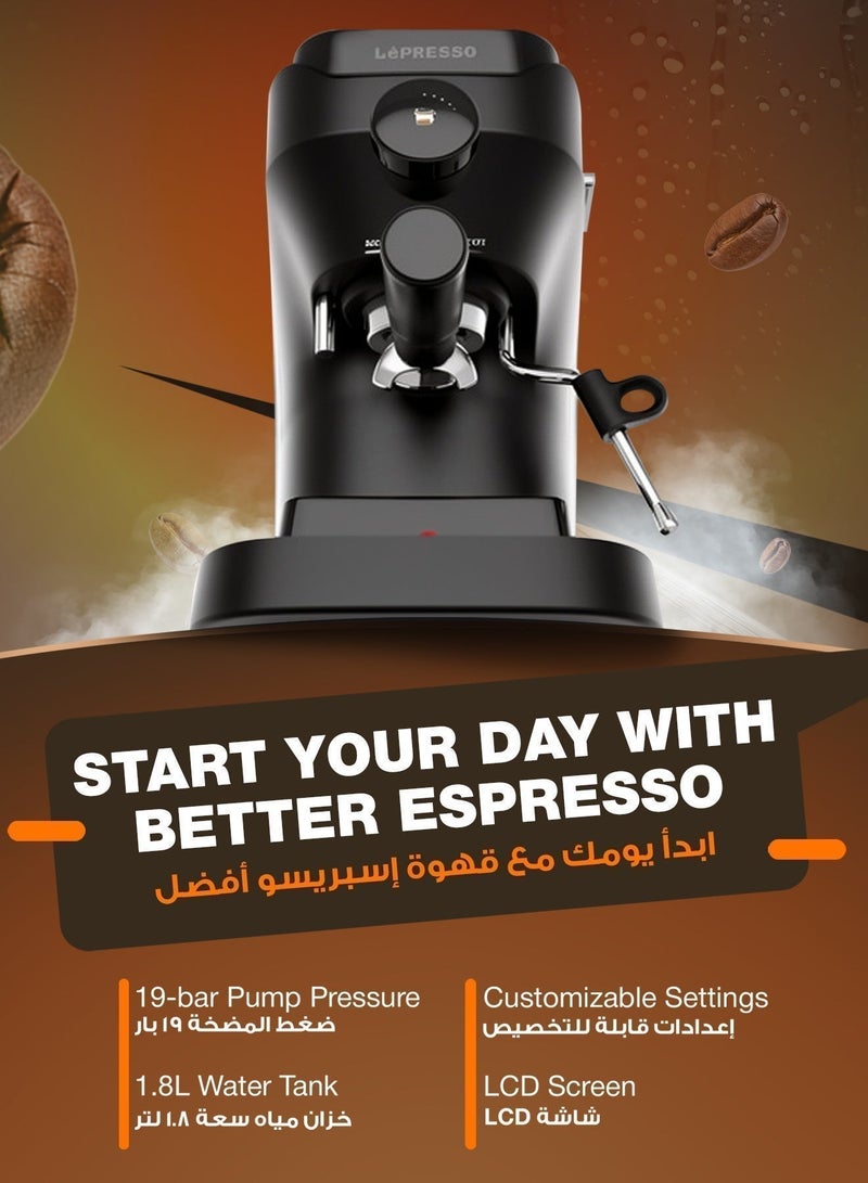 LePRESSO LUCENERO 19 Bar Coffee Machine with LCD Screen, Customizable Settings For Any Coffee, Portafilter 54mm With 2 Basket Single & Double, 19 Bar Pressure, 1600W Power, Steam Wand 360° Rotation, Cup Warmer, Espresso Machines - Black - Image 2